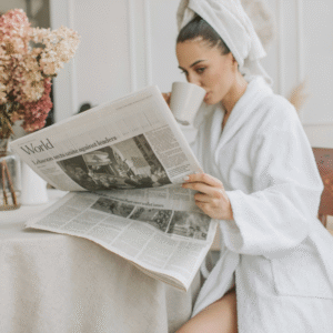 Woman in a white robe reading a newspaper and sipping coffee, symbolizing personal growth and learning.