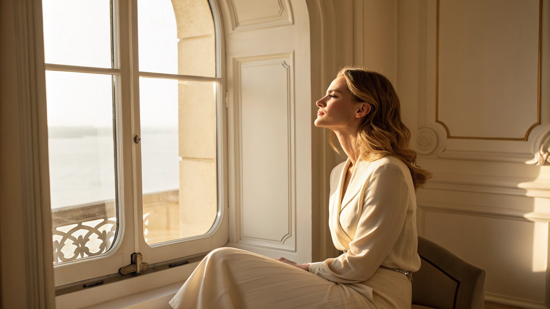 A serene, high-end editorial photo of a woman sitting peacefully in a sunlit, minimalist room, looking out a window. Warm, soft lighting, premium aesthetic.